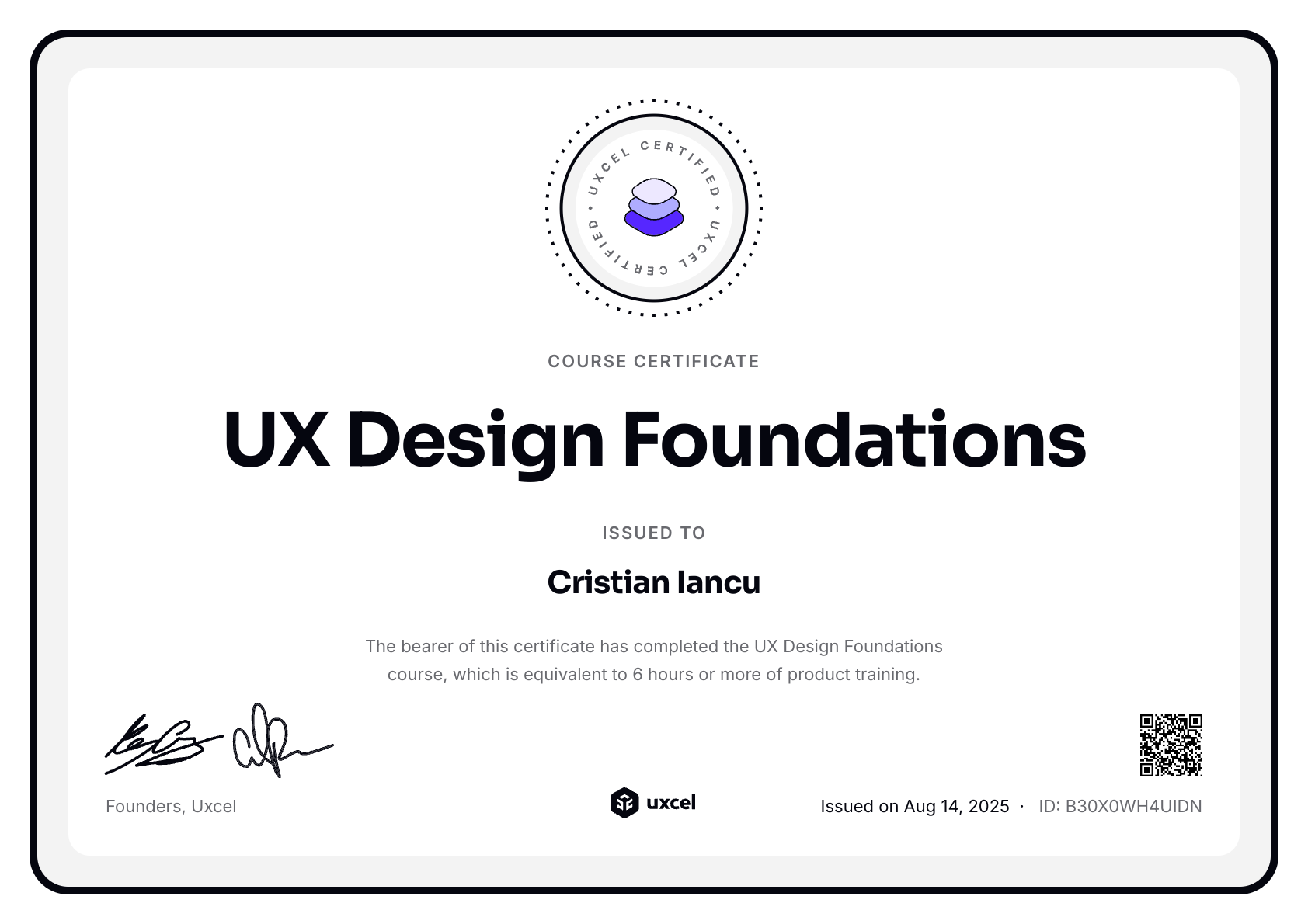 Cristian Iancu's certificate